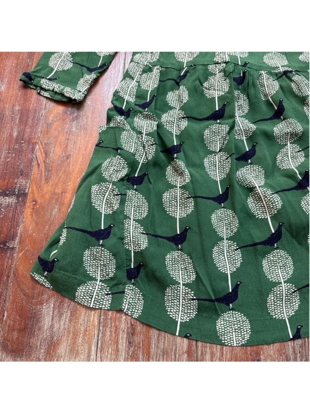 Maeve Anthropologie Green Pheasant Bird Print Dress Pockets Navy Gold S HTF - Picture 5 of 15